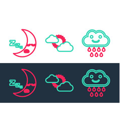 Set Line Cloud With Rain Moon Icon And Sun