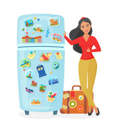 Traveler Young Pretty Woman Showing Fridge With