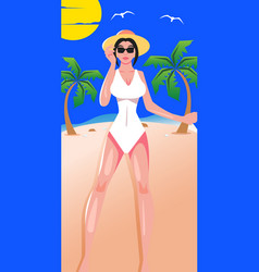 Woman Dressed In Swimsuit With Hat Standing