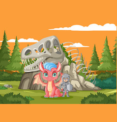 A Knight And Cute Dragon Beside Dinosaur