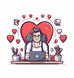 A Man Working At Home With Laptop And Hearts