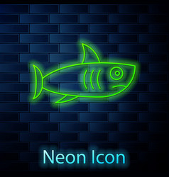 Glowing Neon Line Shark Icon Isolated On Brick