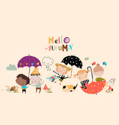 Happy Cartoon Kids Meeting Autumn With Color