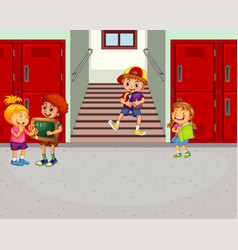 Happy Children At School Hallway