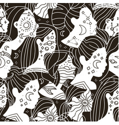 Seamless Pattern With Many Women Faces With Moon