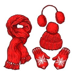 Set Of Red Knotted Scarf Hat Ear Muffs