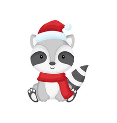 Cute Little Raccoon Sitting In A Santa Hat