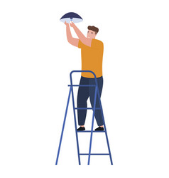 Man Changing Light Bulb Standing On Climbing