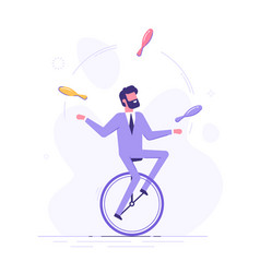 Man Is Riding On Unicycle And Juggling Tasks