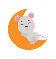 Cute Little Mouse Sleeping On Moon Cartoon Animal