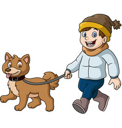 Cute Little Boy Cartoon Walking With Dog