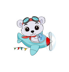 Cute Cartoon Bear Flying On A Plane Isolated On