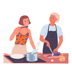 Couple Cooking Together Woman Cooks On The Stove