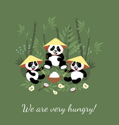 Little Hungry Pandas Eat Rice And Fruits