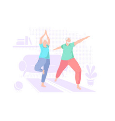 Elderly Couple Doing Yoga At Home Indoor Retired