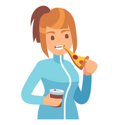 Girl Eating Pizza And Drinking Coffee Fast