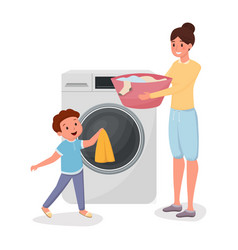 Mother With Son Doing Laundry Characters Child