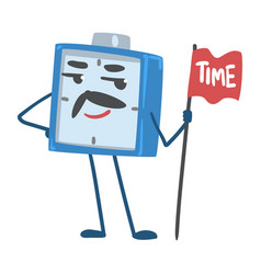 Blue Alarm Clock Character Holding Pole With Flag