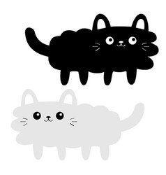 Cute Cat Icon Black White Fluffy Kitten Set Happy