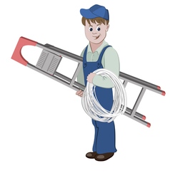 Electrician Or Cable Guy With A Ladder And A Cable