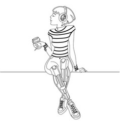 Happy Girl With Prosthetic Legs Drinking Coffee