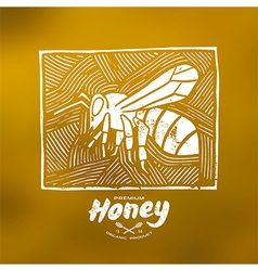 Linocut With A Picture Of Bee And Honey Label