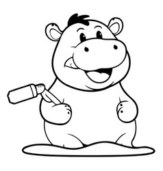 Hippo With A Paint Roller Cute Cartoon