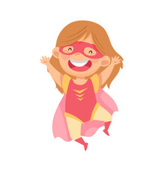 Beaming Girl Wearing Costume Superhero Jumping