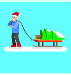 Man Pulling A Tree On Sled In Winter Flat Illust