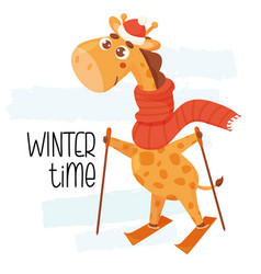 Cool Postcard With Skiing Cute Winter Giraffe