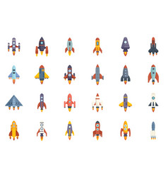 Spacecraft Launch Icons Set Flat Rocket