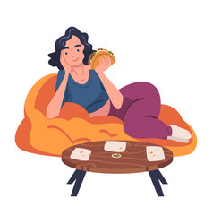 Woman Character Eating Food At Home Lying On Couch