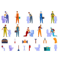 Plumber Worker Repair Toilet Icons Set Cartoon