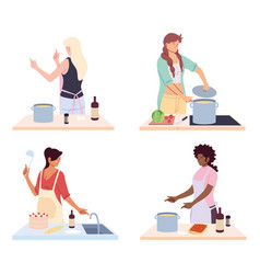 Set Women Preparing Food On White Background