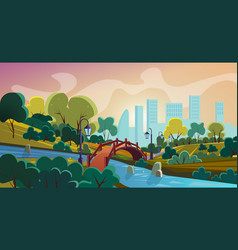 City Park Cartoon Panorama With Old Style Bridge