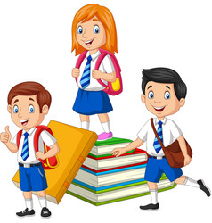 Happy School Children With Stack Of Book