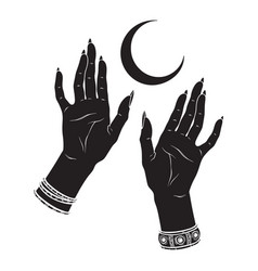 Hand Drawn Female Witch Hands Holding Crescent