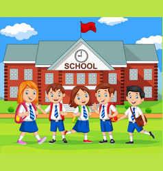 Happy School Children In Front Of Building School