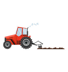 Red Farm Tractor Cultivates Land Heavy