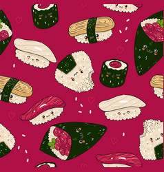 Seamless Pattern With Kawaii Sushi And Onigiri