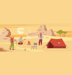 Desert Camping With Tourists Resting Near Campfire