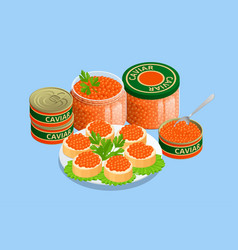 Isometric Can Of Chum Salmon Caviar And Sandwich