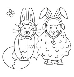 Easter Cute Cat And Sheep With Bunny Ears Line