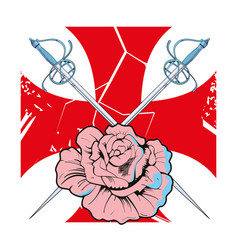 Swords Clashing And Pink Flower Over A Red Cross