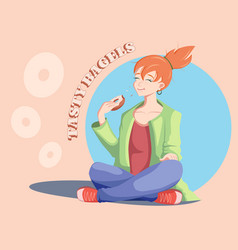 A Woman Sitting And Eating A Sweet Tasty Donut