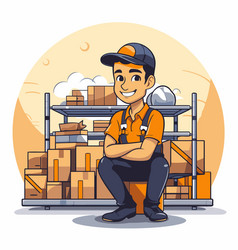 Warehouse Worker In Uniform Sitting On Pallet