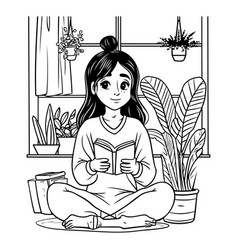 Girl Reading A Book At Home Black And White