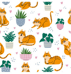 Cat Seamless Pattern Red Cats And Plants In Pots