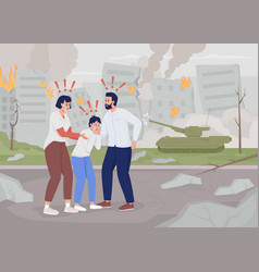 Terrified Family In Destroyed City Flat Color