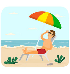 Smiling Guy Is Sitting In Sun Lounger Under